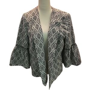 Kasper Black White Gray Diamond Print Bell Sleeve Open Front Cardigan Women 14